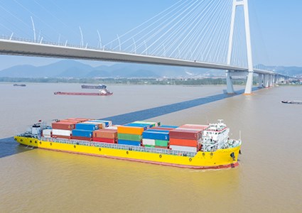 Container ship approaching bridge