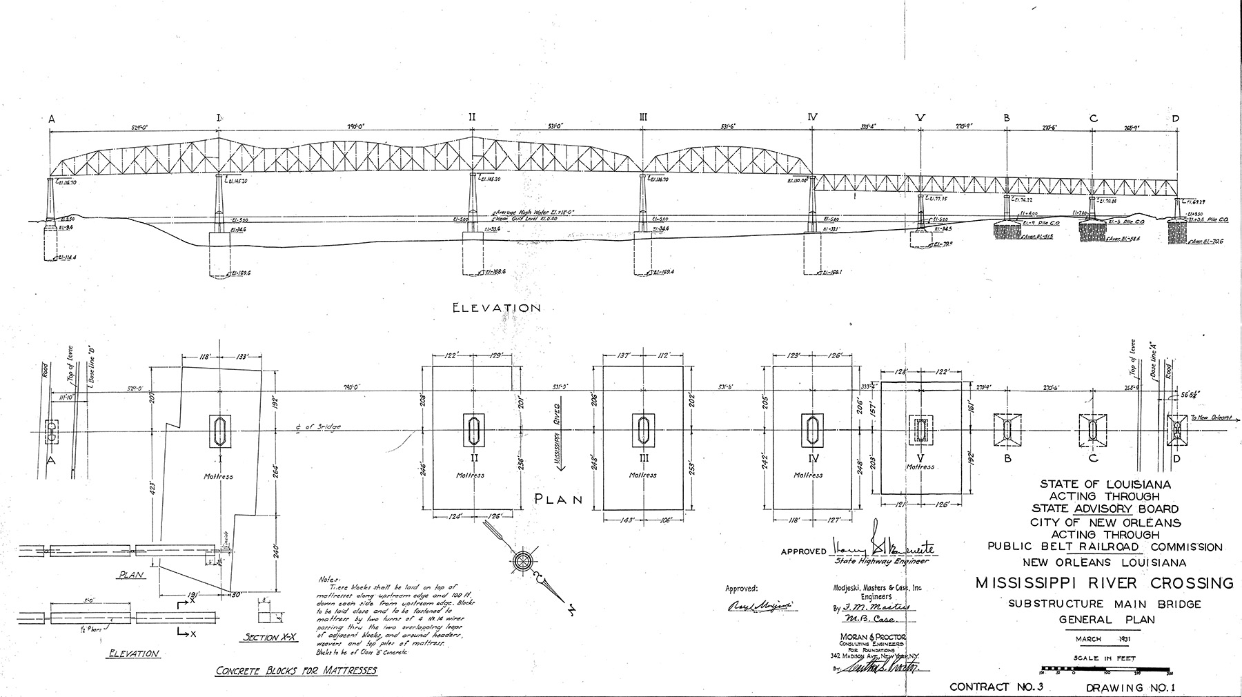 Image shows an elevation and bridge pier measurements for the Huey P. Long Bridge.