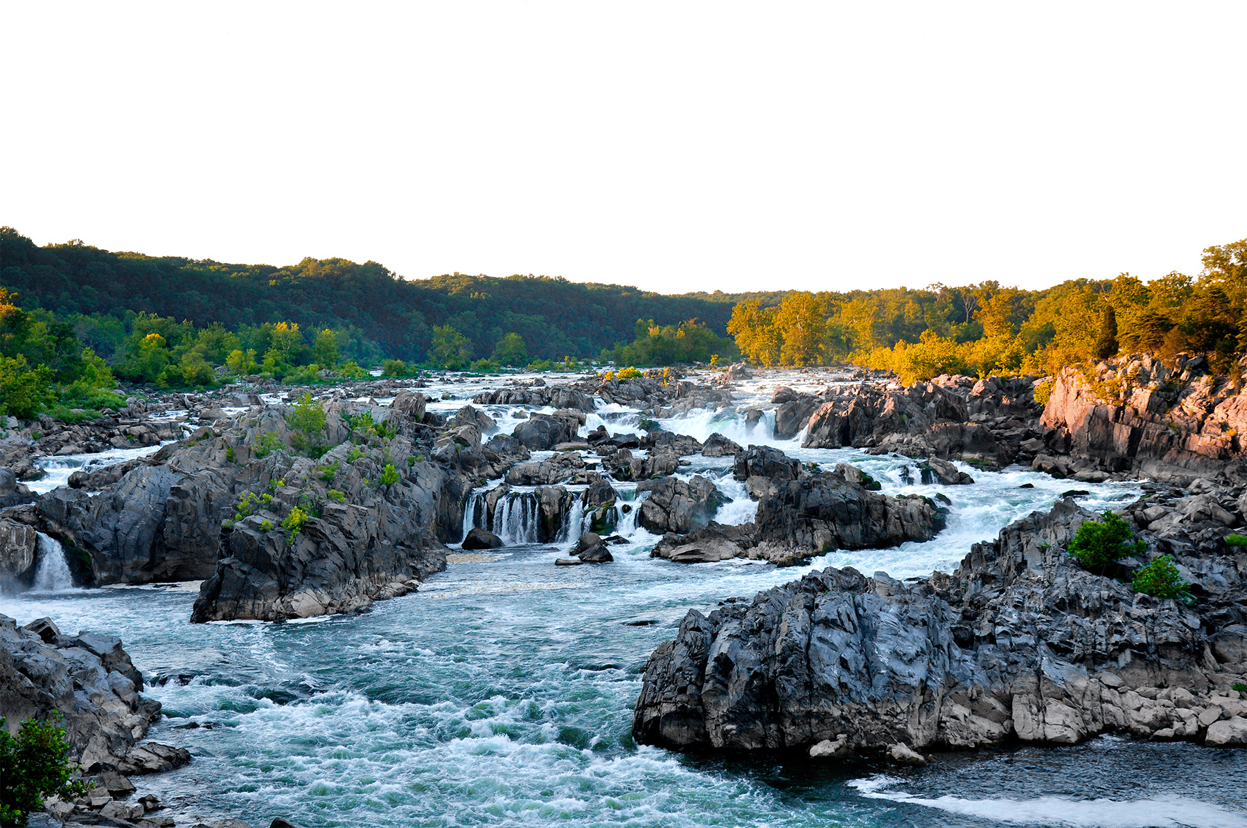 A photograph of Great Falls with its rushing water and rocky formations. Trees can be seen in the background.