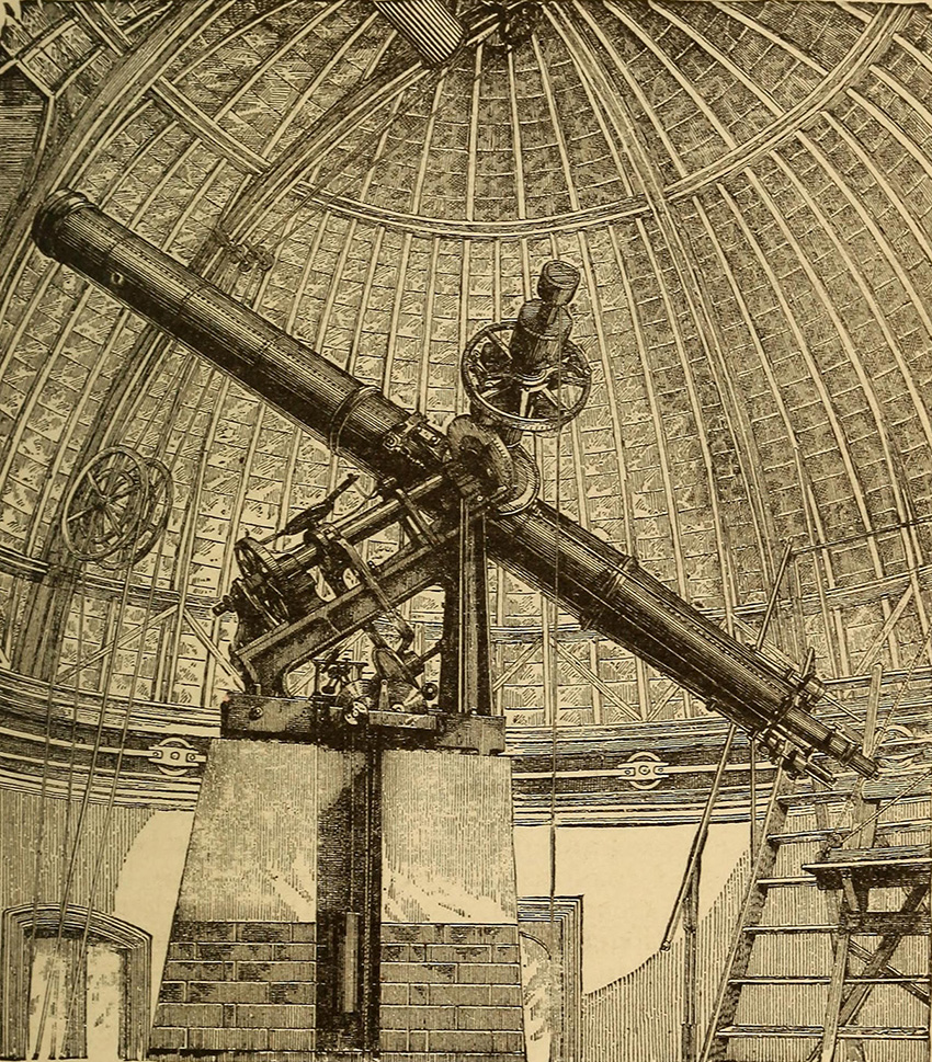 Sepia-toned image of a 12-inch refracting telescope within a domed structure.