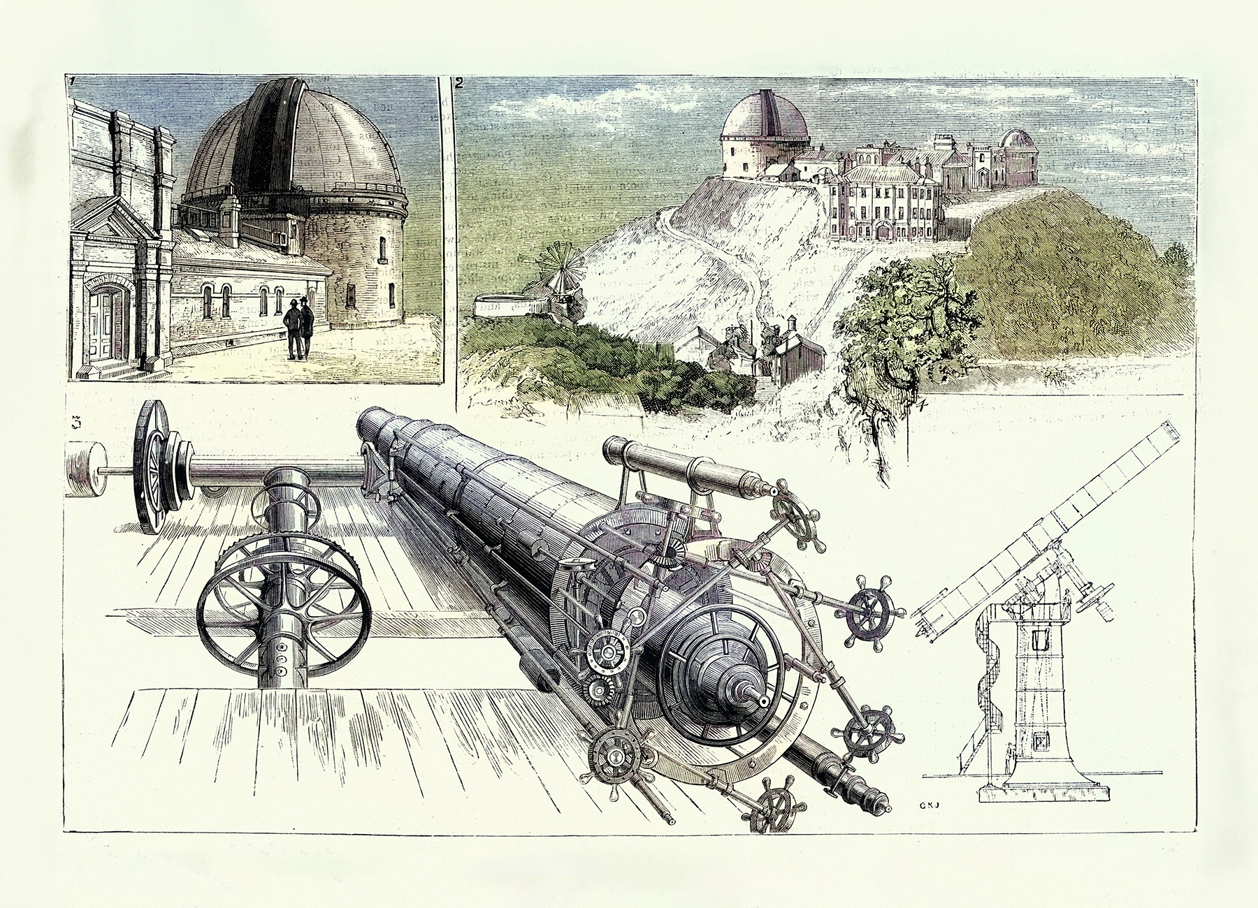 Image has four parts: Top left: View from the west showing the south half of the main building. Top right: The observatory from the northeast showing the 75 ft dome to the south, the 25 ft dome to the north, Meridian Circle in the center, and the dwelling house on the brow of the hill. Bottom left: The 36 in. telescope in the factory in Cleveland. Bottom right: The design for mounting the 36 in. refractor by Warner and Swasey.