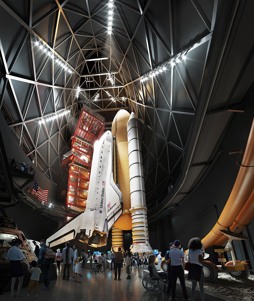 The rendering shows the steel grid roof that will help enclose the Endeavour display.