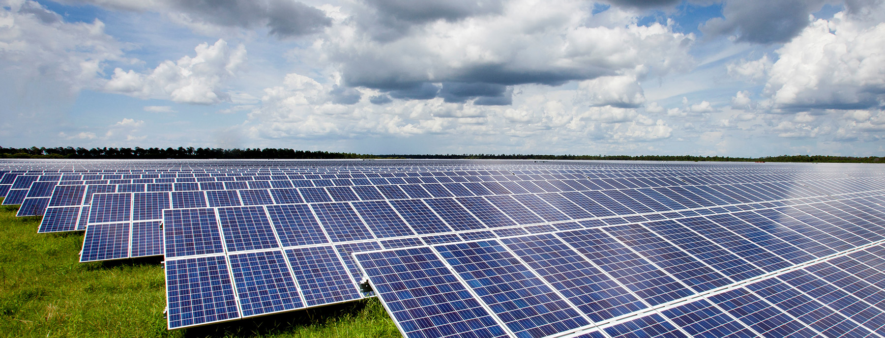 Rows of solar panels stretch across the ground.