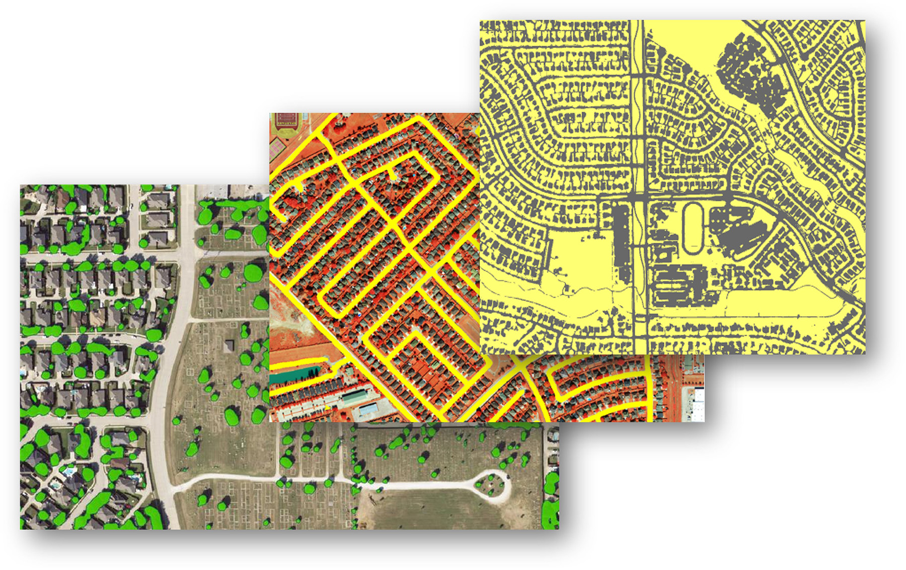 A three-layer set of aerial graphics show various land characteristics.
