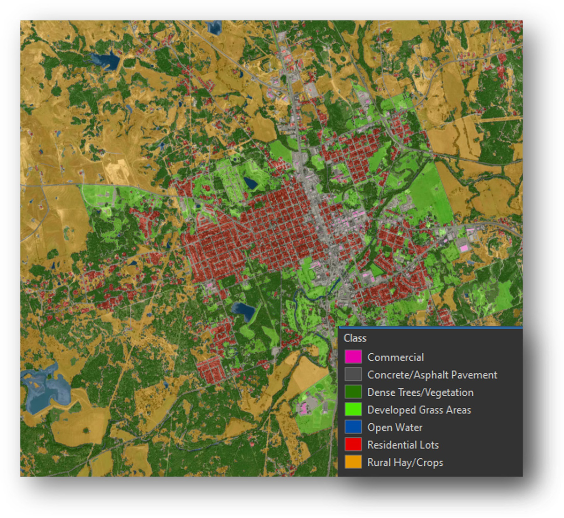 A large, square aerial graphic uses many colors to mark commercial, residential, and other types of land.