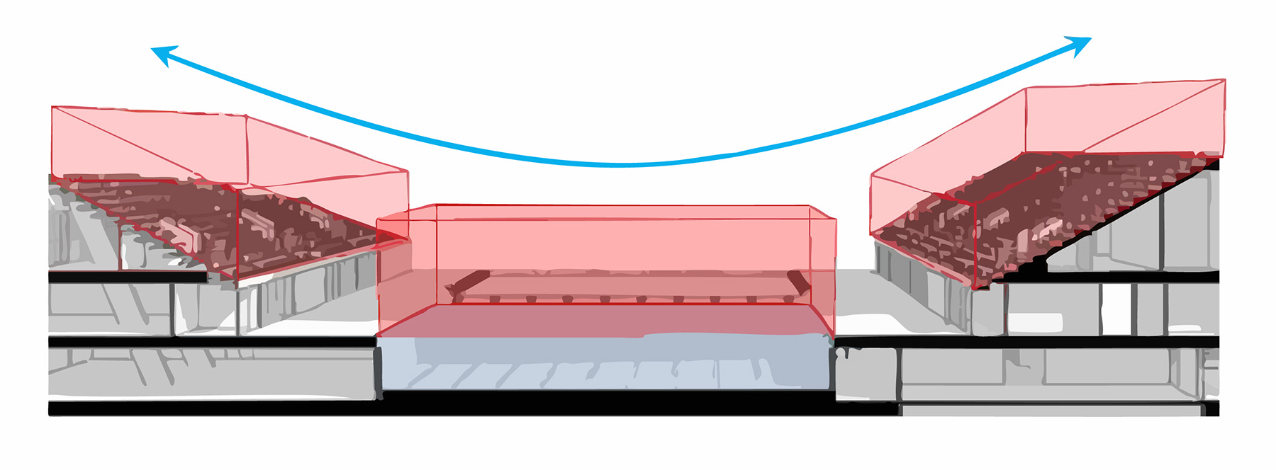 A graphic with a pool area at the bottom, middle of the image. Grandstand seats are shown on the left and right sides of the pool. They are highlighted in red.