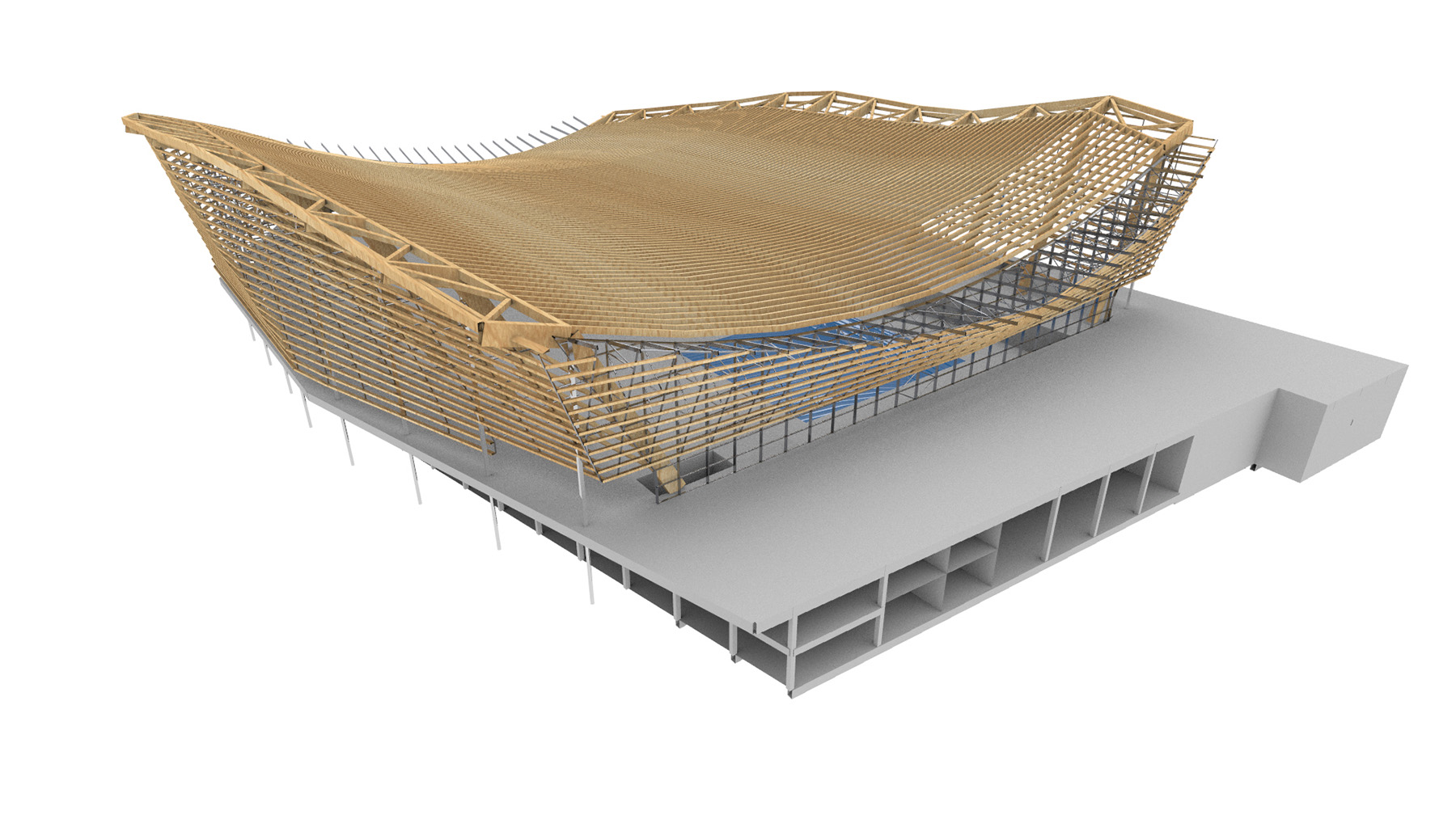 A graphic shows a gray concrete base of the building with tan, wooden walls and roof atop the base.