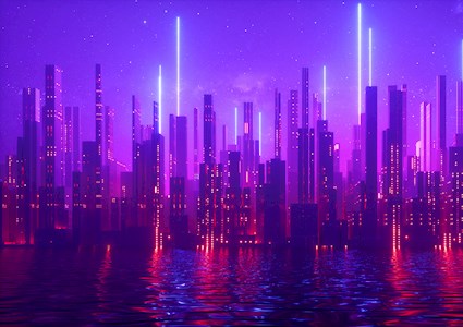 Set against a purple backdrop, the image shows a flooded urban skyline.