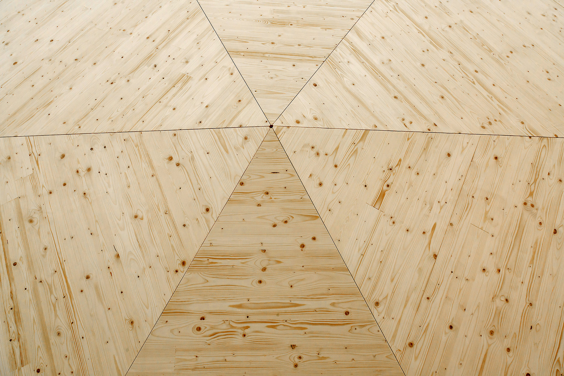 Photo showcases the different elements that make up the key forms of the Wisdome Stockholm: the roof beams and the triangular sections of the dome.