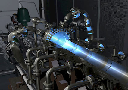 complicated machinery in a dim room is highlighted by a blue light that shines down a long half-tube